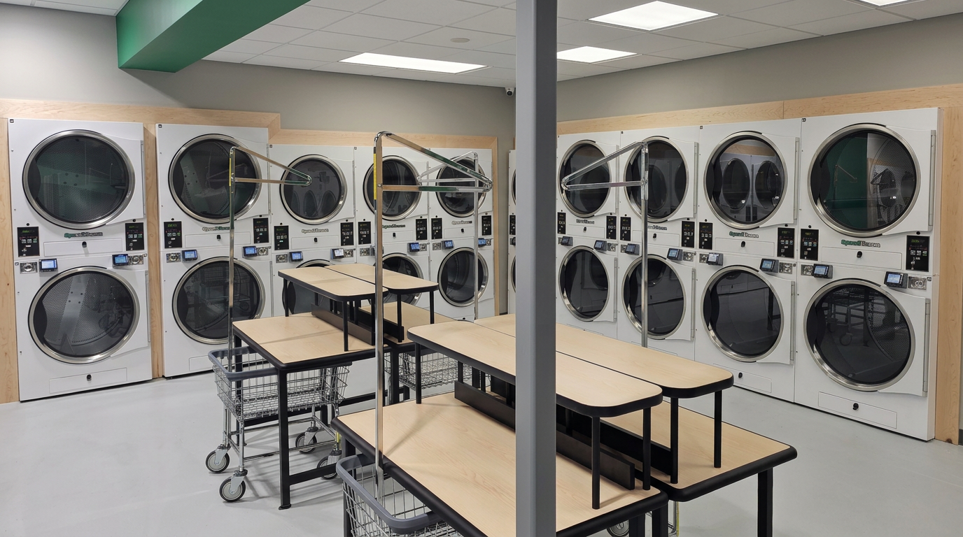 Dryer room with folding tables and laundry carts