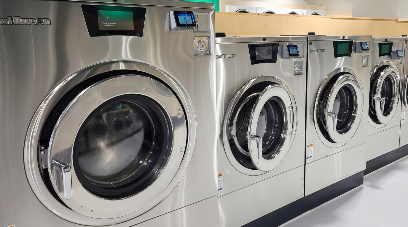 Large-capacity stainless Speed Queen washers at Uptown Laundry Western Ave.